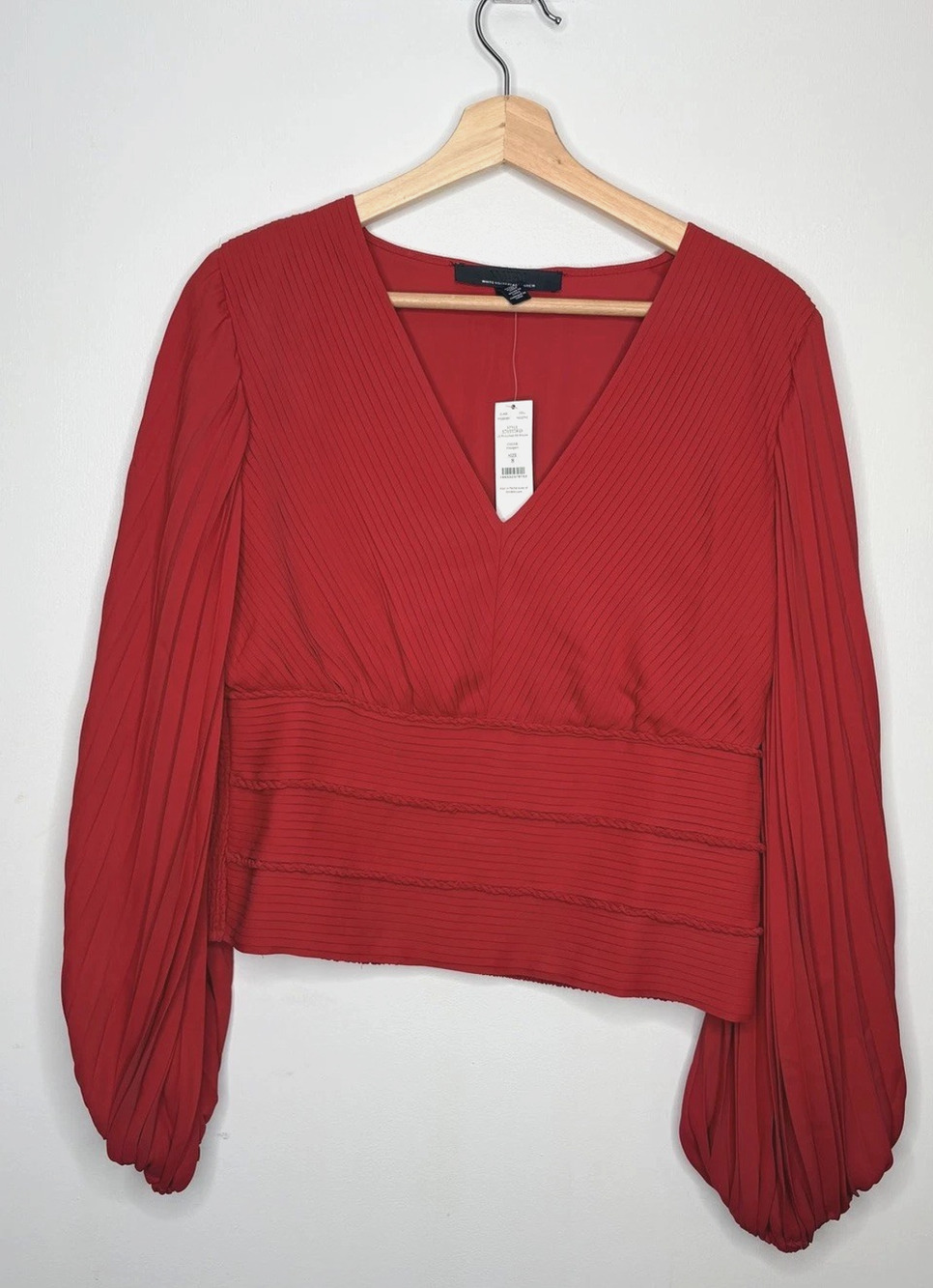 NWT White House Black Market Red Pintuck Balloon Sleeve Blouse Size 8